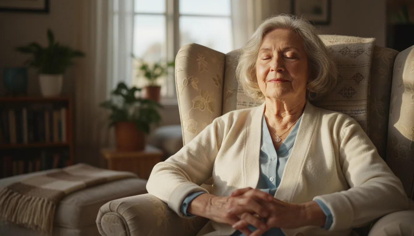 Elderly woman with closed eyes and serene expression, sitting upright in an armchair, hands clasped, lit by soft window light.