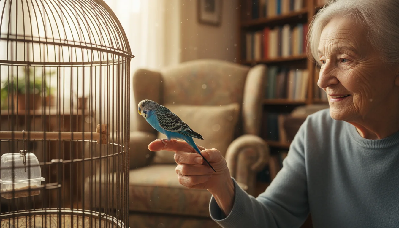 Elderly woman gently coaxing a vibrant blue parakeet from its cage onto her outstretched finger, showing a calm, focused interaction.