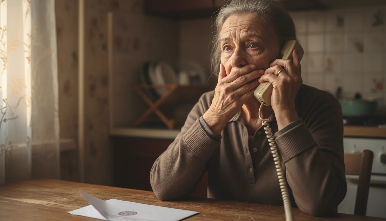 Elderly woman, distraught, clutches a phone, her face etched with fear, a blurred government envelope nearby on a kitchen table.