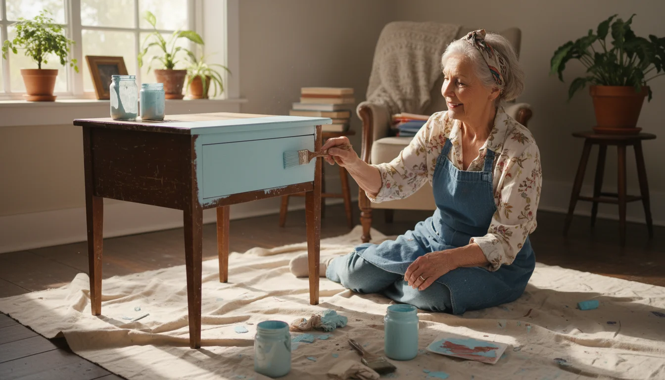 An elderly woman, with focus and a soft smile, painting an old wooden side table light blue with a brush.