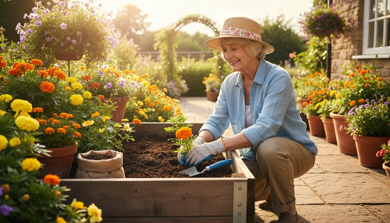 Elderly woman with gardening gloves carefully plants a marigold seedling in a raised garden bed, surrounded by plants.