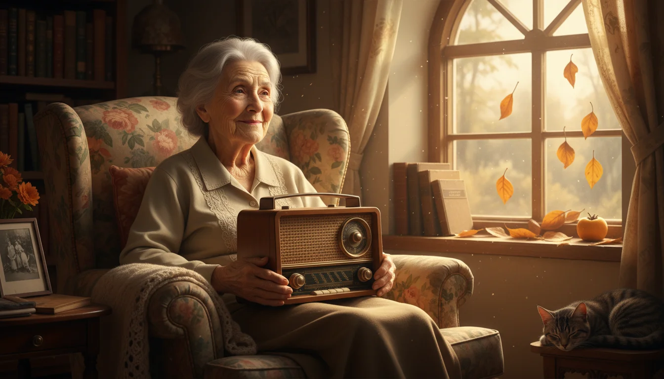 An elderly woman with a gentle, nostalgic smile listens intently to music on a small radio in a sunlit armchair.