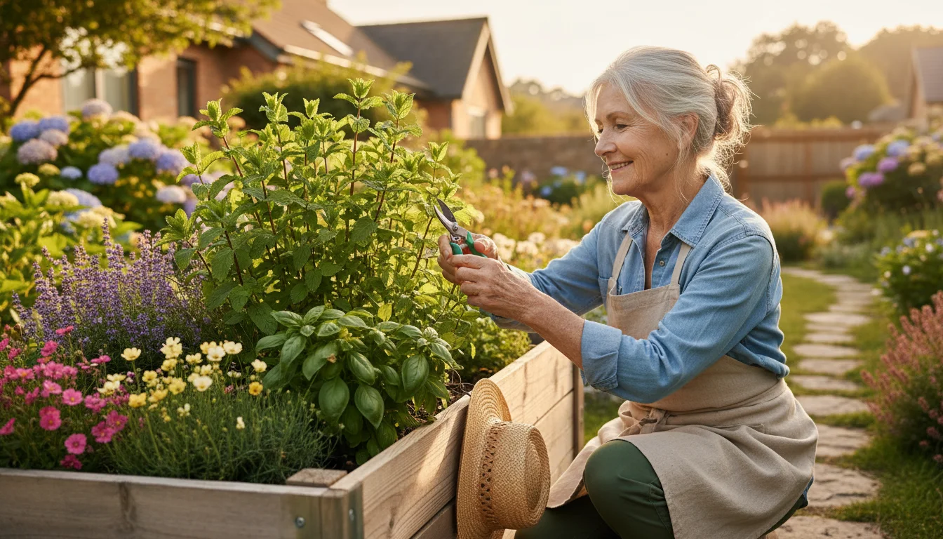 An elderly woman with a gentle smile prunes mint in a raised garden bed, sunlight illuminating her hands and the green plants.