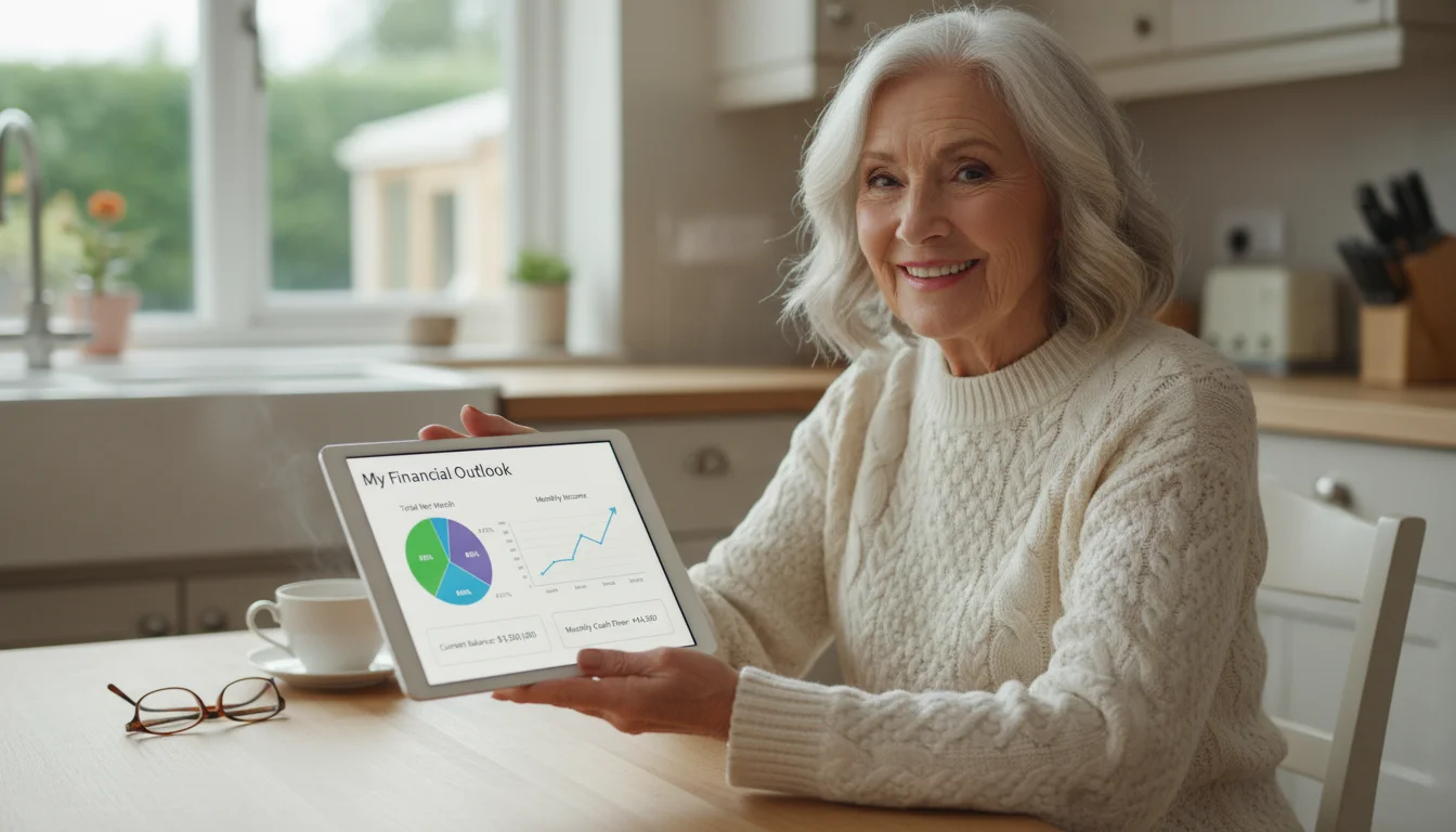 An elderly woman with gray hair, wearing a cozy sweater, sits at a kitchen table, calmly viewing a financial dashboard on a tablet. The screen display