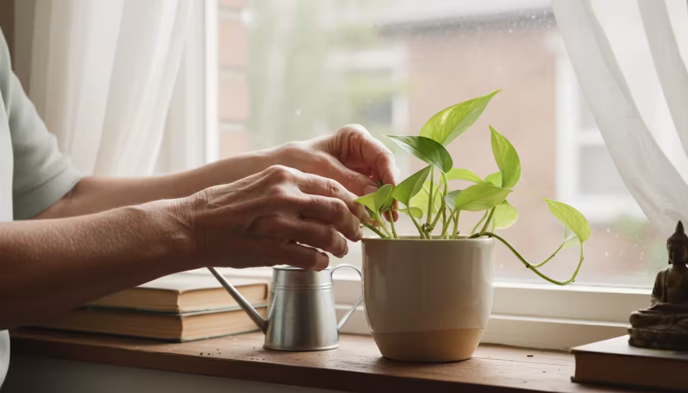 Close-up of an elderly woman's hands gently potting a vibrant Pothos plant into a cream ceramic pot on a bright windowsill.