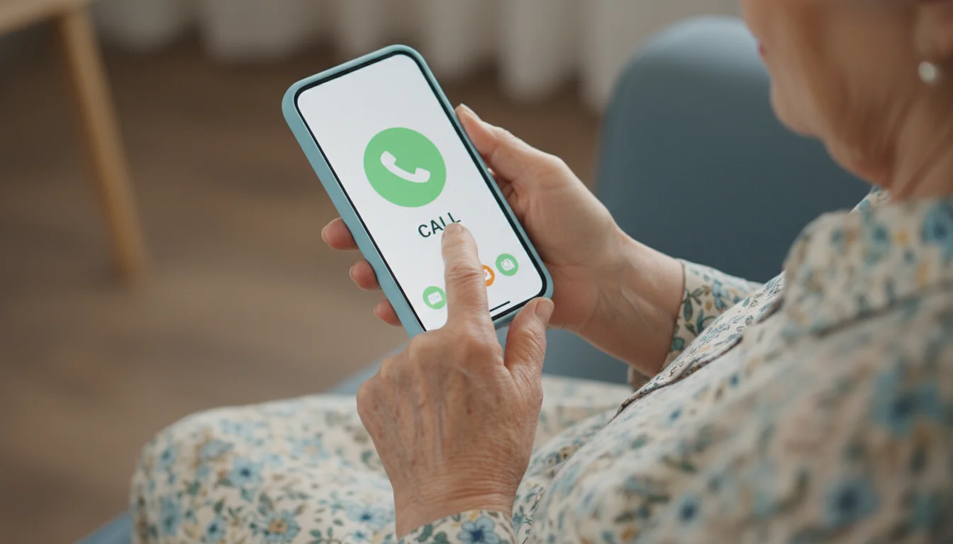 Elderly woman's hands gently tap a large 'Call' icon on a pale blue, senior-friendly smartphone screen.