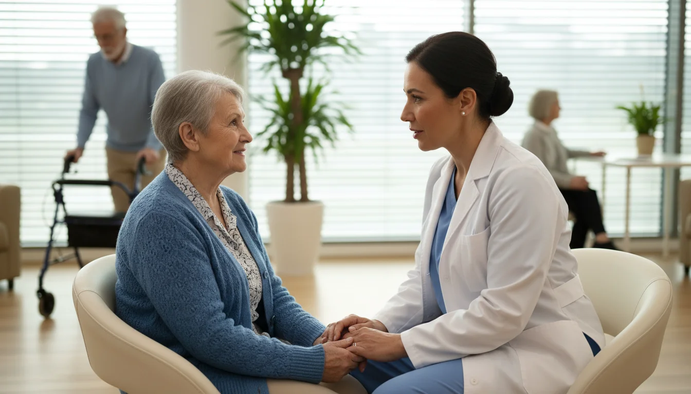 An elderly woman holds the hand of her female physician in a bright clinic. A senior man uses a walker in the background.