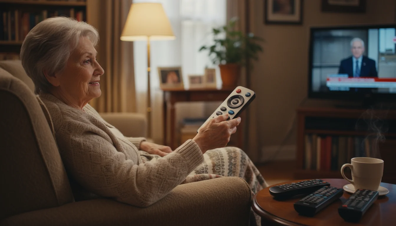 An elderly woman (late 70s) with soft grey hair sits in an armchair, easily operating a large-button universal TV remote.