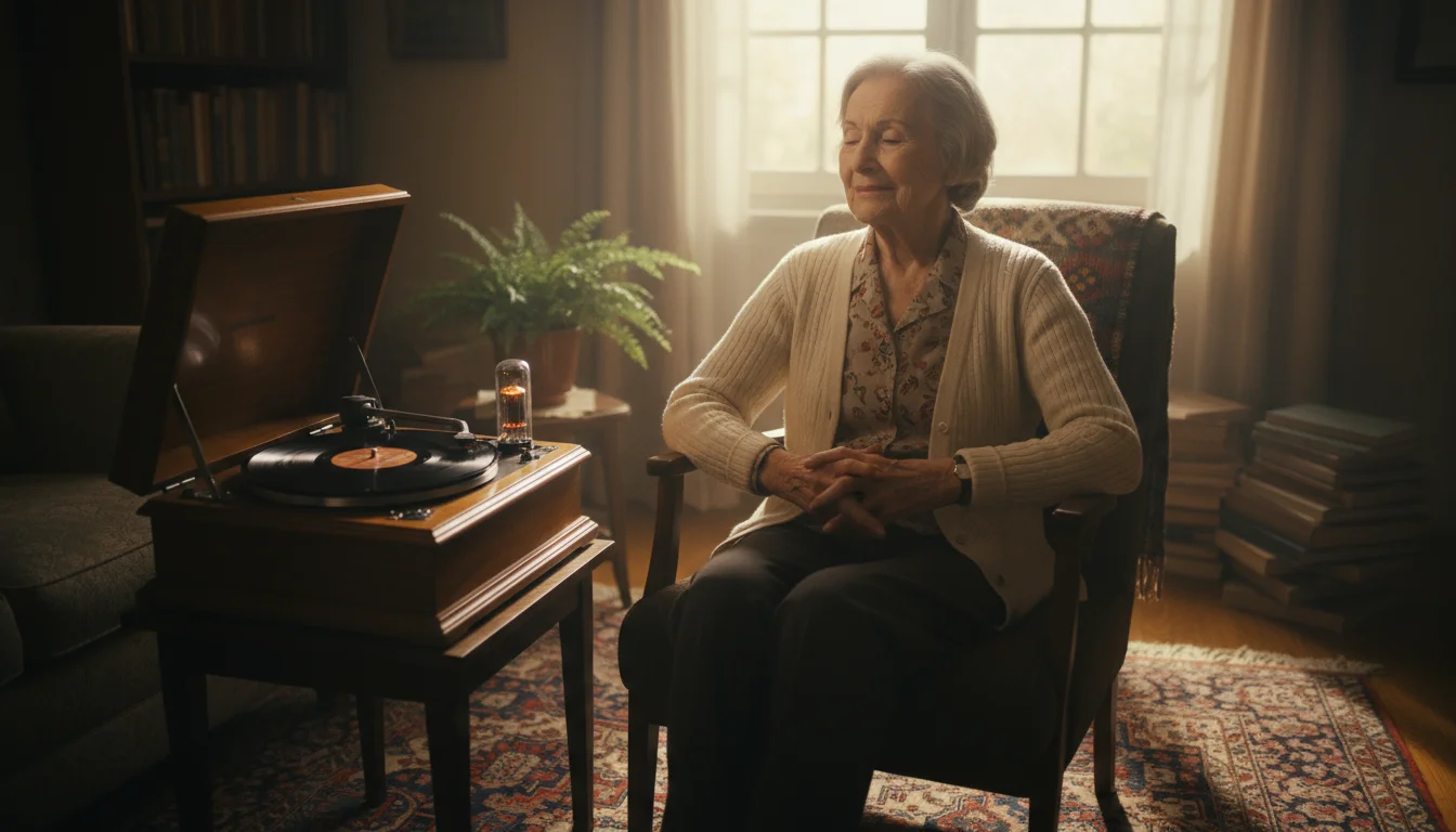 Elderly woman listening to an old record player with a serene, reminiscent smile in a cozy living room.