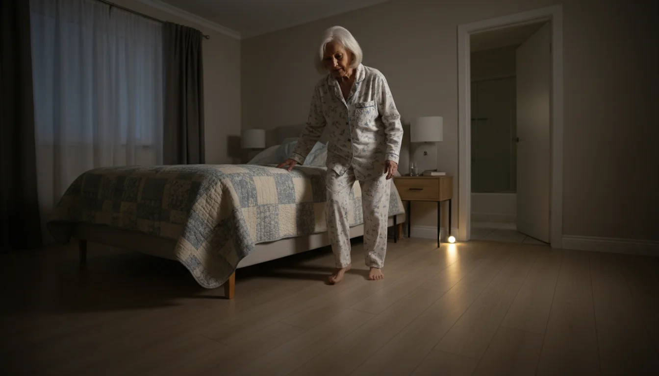 Elderly woman, 70s, in pajamas, carefully steps out of bed onto a clear, nightlight-illuminated path towards a bathroom.