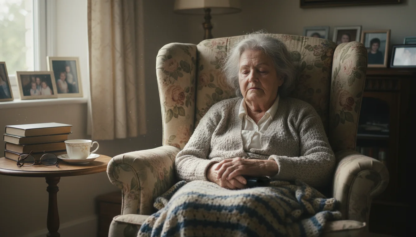 An elderly woman sits in an armchair, head back, eyes closed, looking deeply exhausted during the day.