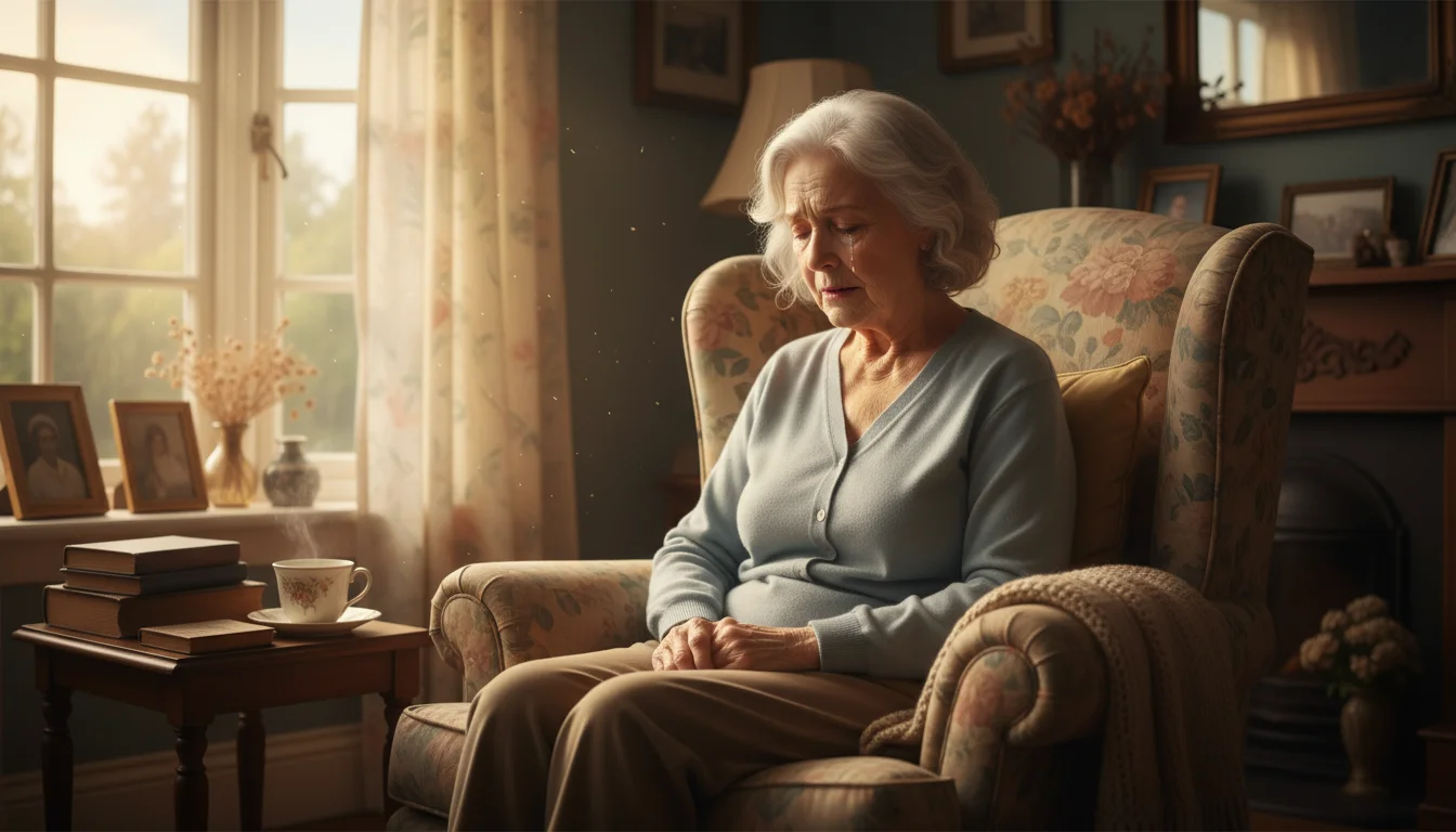 Elderly woman sits in an armchair, head bowed, with a tear on her cheek, bathed in soft sunlight from a window.