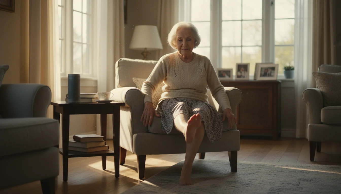 An elderly woman sits, extending her leg forward gently. A speaker is on a table nearby, suggesting music-led exercise.