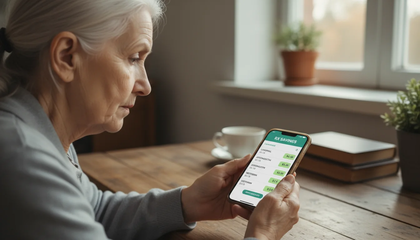 An elderly woman sits at a kitchen table, intently looking at her smartphone screen which shows medication prices.