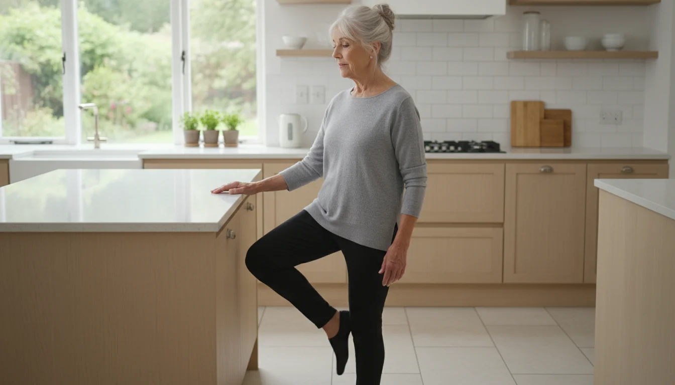 Elderly woman uses kitchen counter for support while doing gentle standing leg exercise in a clear, well-lit home kitchen.