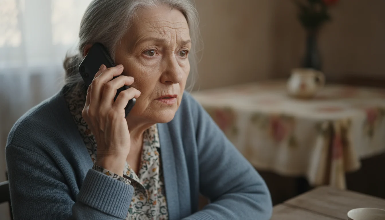 An elderly woman with a worried expression on her face, holding a smartphone to her ear while sitting at a simple table.