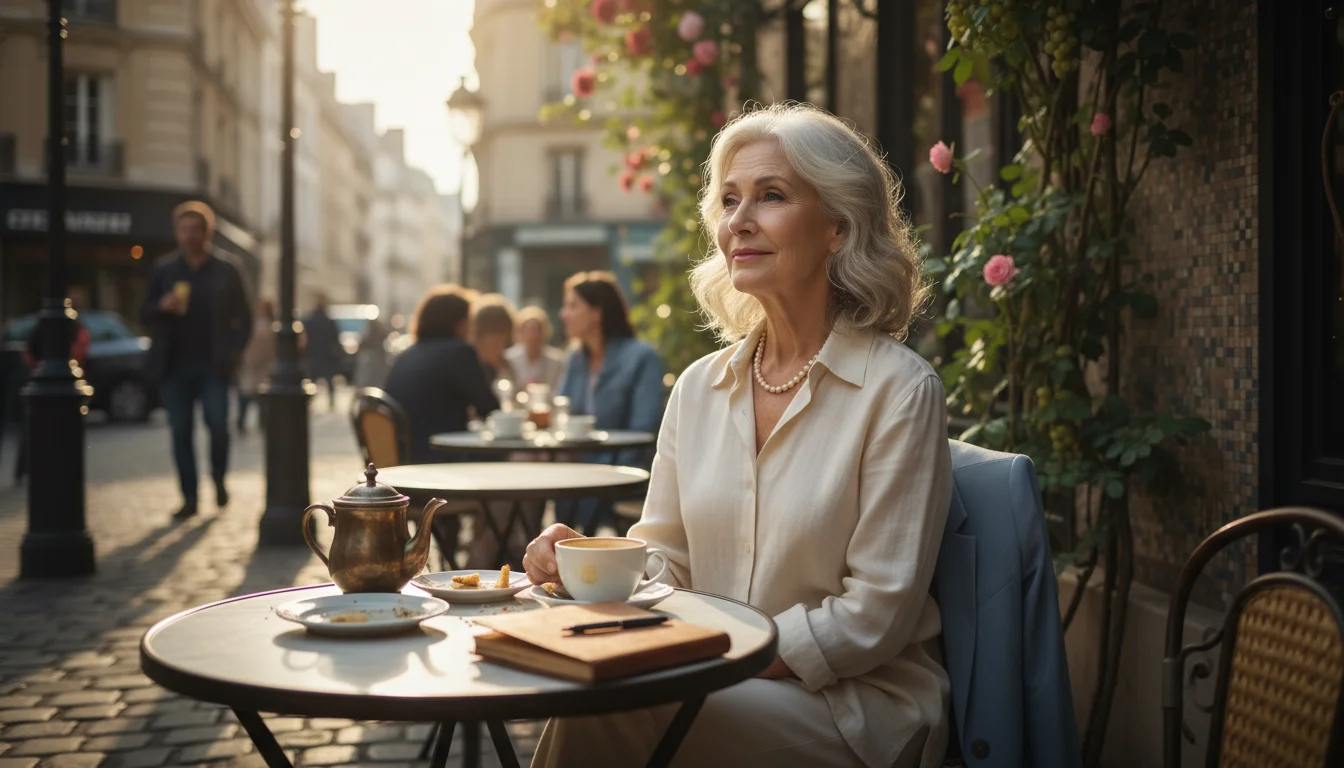 An elegant woman in her late 60s sits alone at a sunny outdoor cafe table. She gazes thoughtfully into the distance with a subtle, composed smile. A h