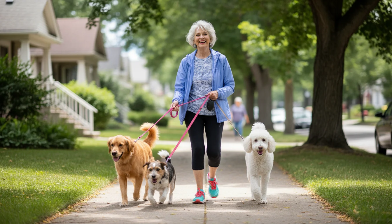 An energetic older woman with silver hair walks three leashed dogs (golden retriever, terrier, poodle) on a sunny neighborhood sidewalk.