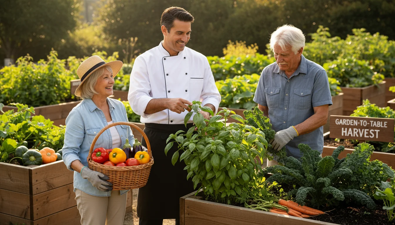 An executive chef helps two smiling older adults harvest vibrant tomatoes and leafy greens from raised garden beds on a sunny day.