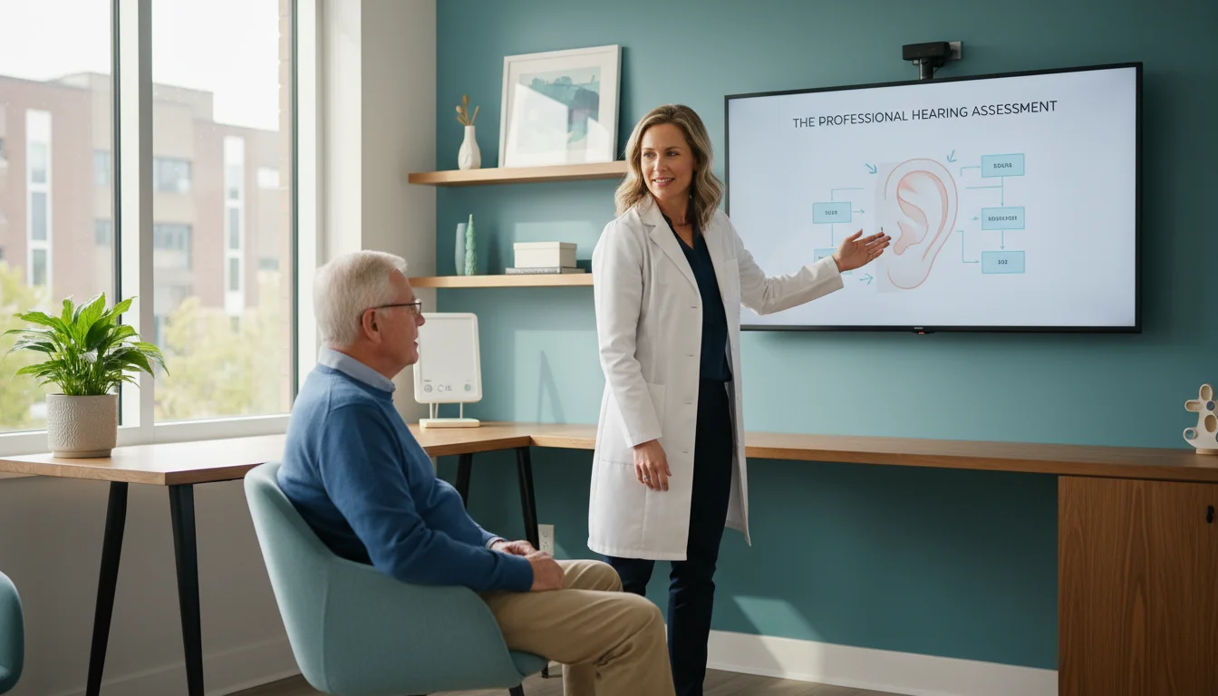 A female audiologist explains a hearing test diagram on a wall monitor to an attentive older man in a bright clinic room.