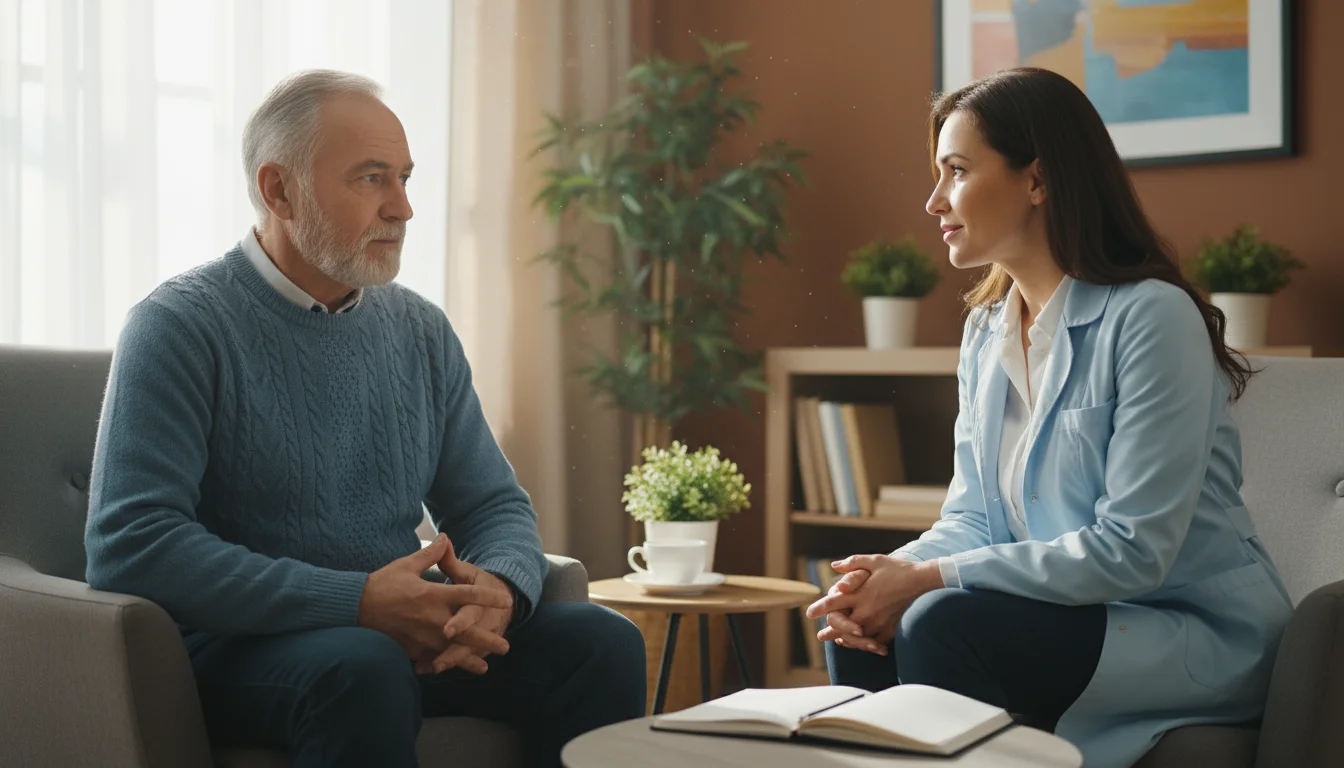 A female doctor intently listens to a senior male patient in a bright, inviting consultation room.
