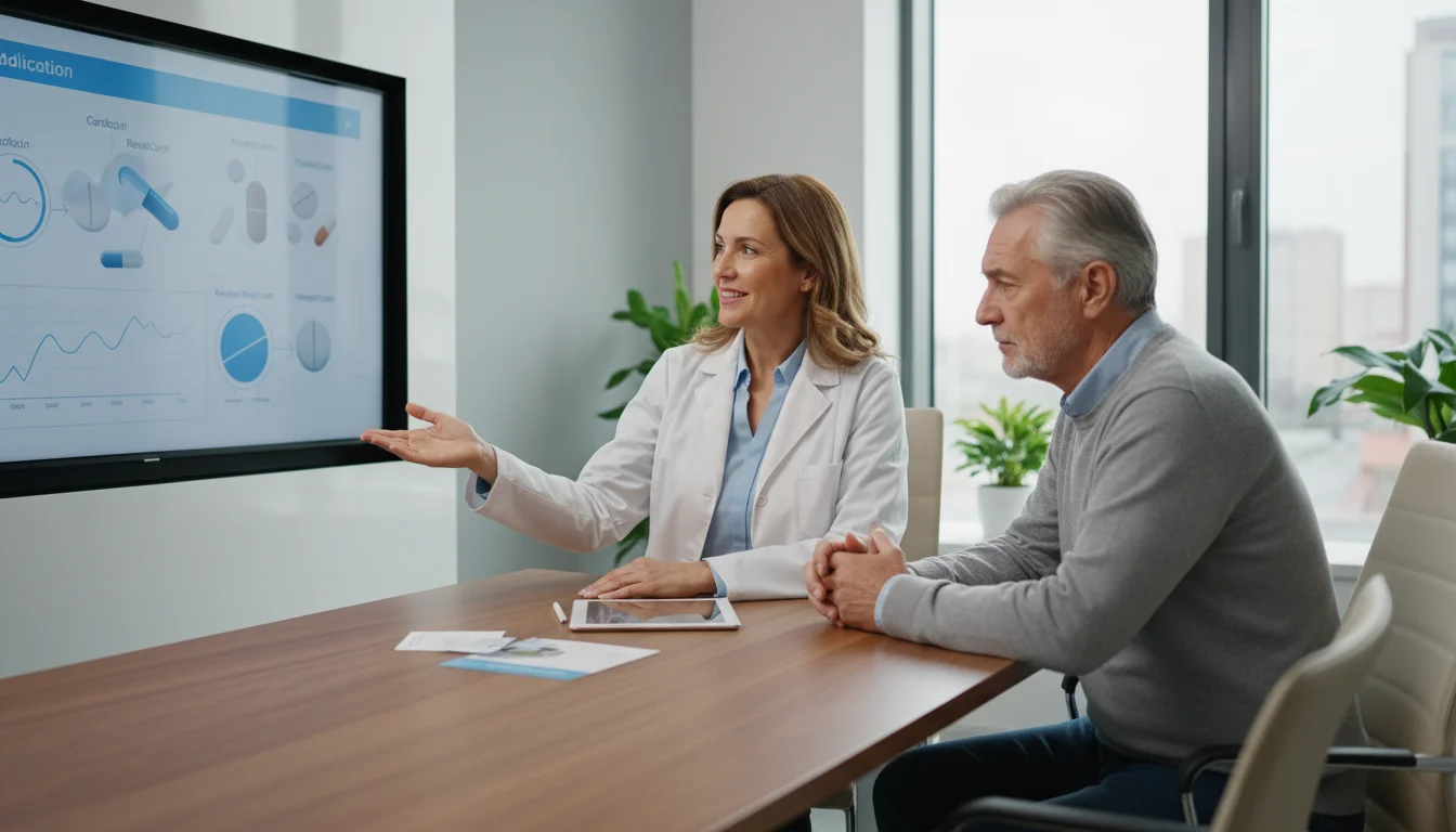 A female doctor pointing to a tablet screen while talking to a senior man in a medical office.