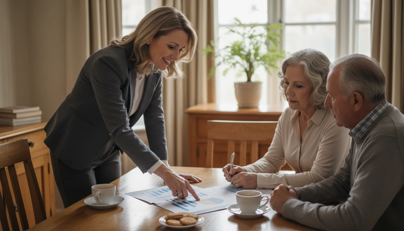 A female real estate agent points to a CMA report as an older couple listens intently at their dining table.