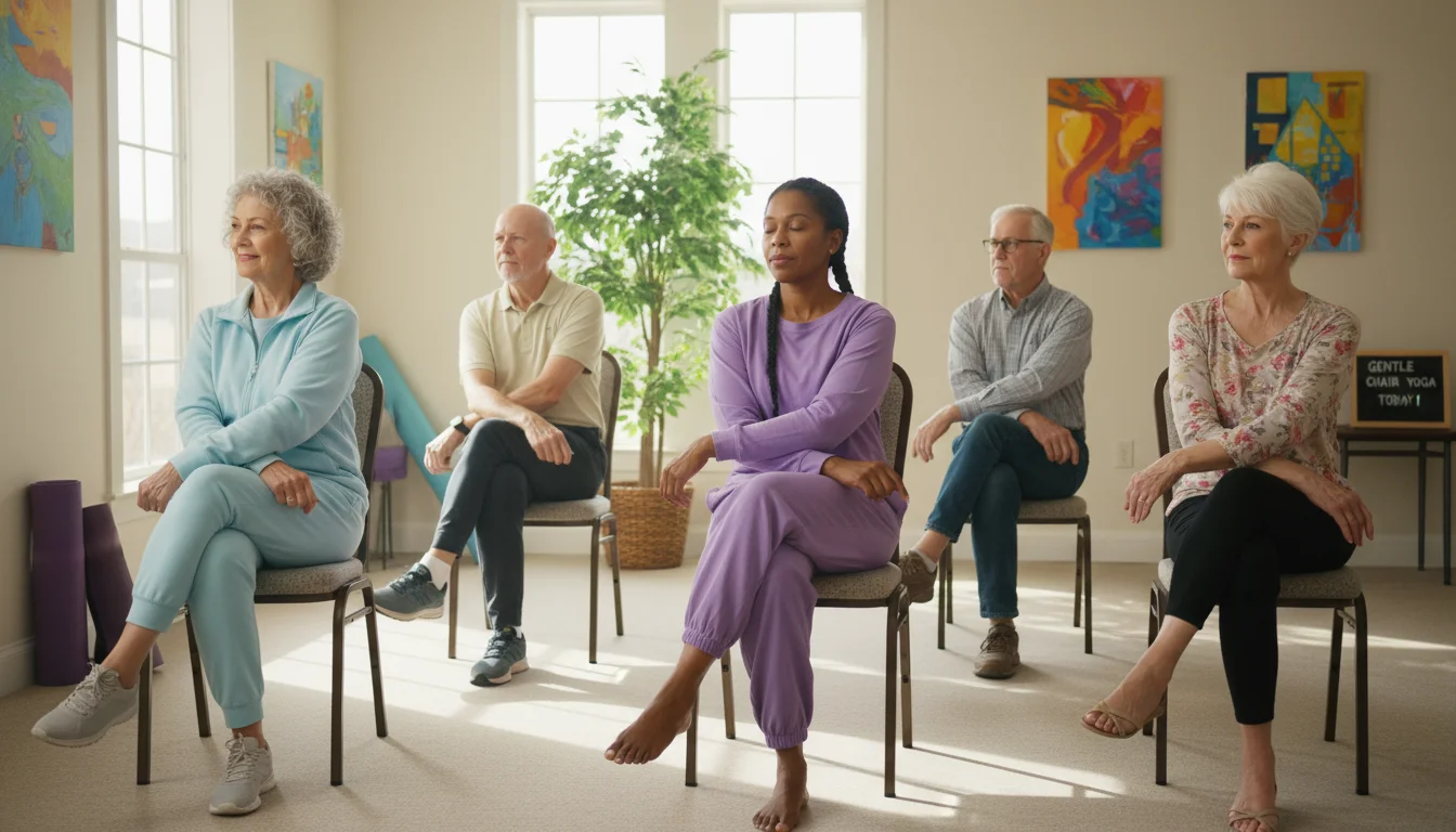 Five diverse older adults doing gentle chair yoga in a sunlit community room, focusing on mindful movements.
