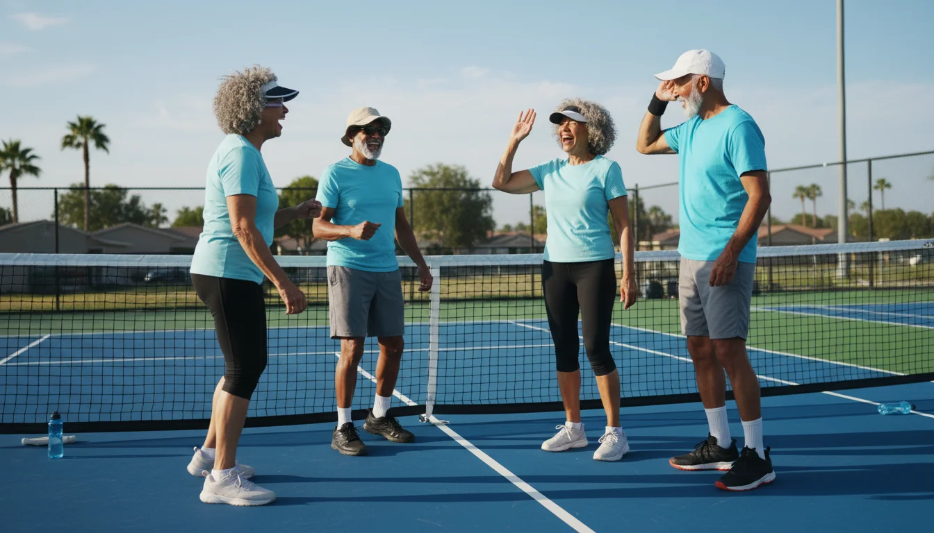 Four active seniors, two men and two women, in their late 60s-70s, high-five and laugh on a sunny outdoor pickleball court.