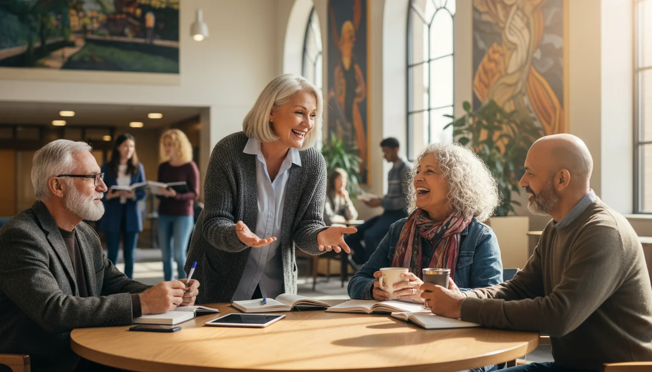 Four diverse older adults sit at a sunlit table, engaged in lively conversation. A woman in her 70s smiles, gesturing as she speaks to the attentive g