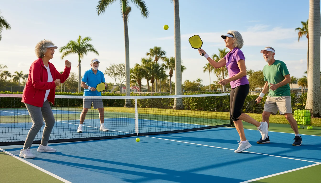 Four diverse seniors playing pickleball outdoors, smiling and engaged in a doubles match, showing active social interaction.