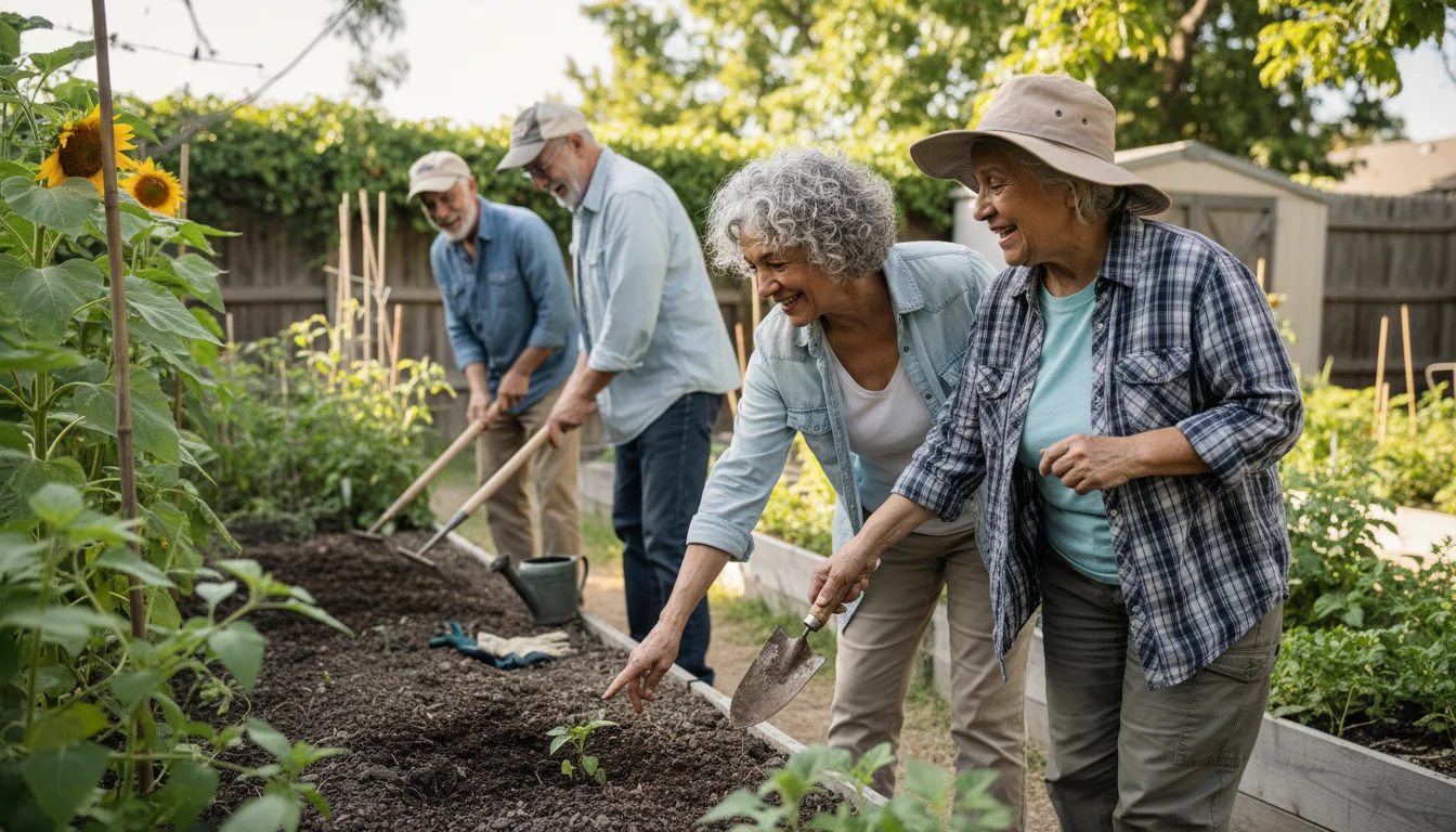 Four diverse seniors volunteer together in a sunny community garden, sharing a laugh while tending plants.