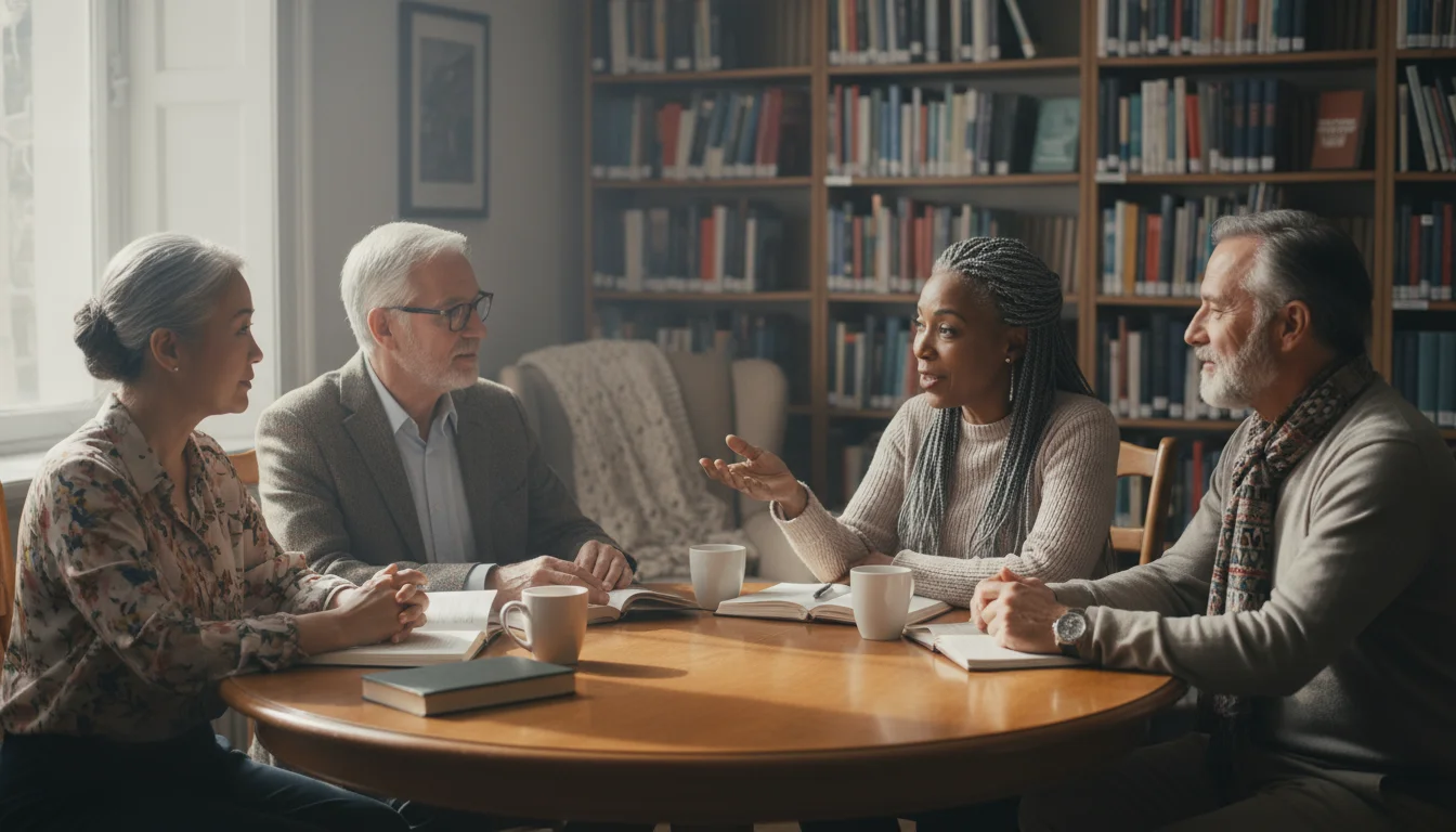 Four older adults sitting around a table, actively discussing a book. They are smiling and engaged in conversation.