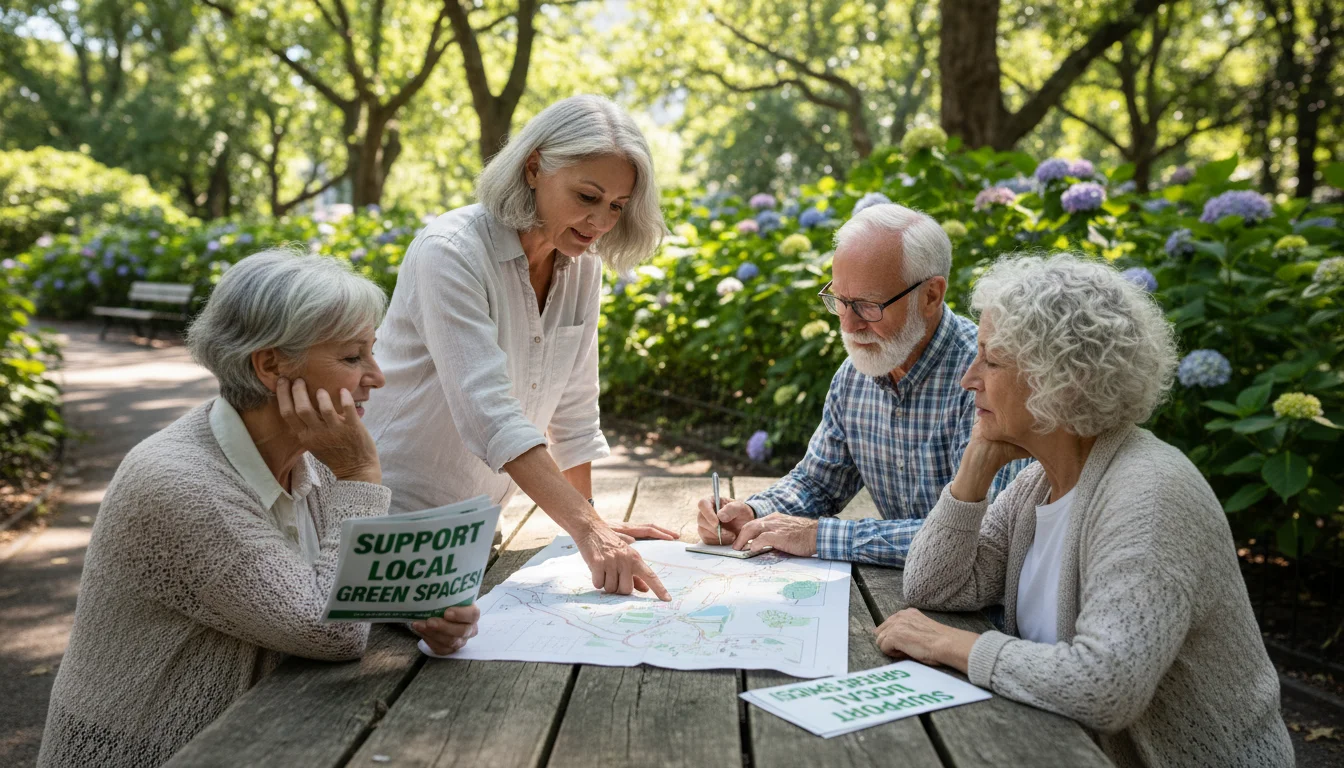 Four older adults, three women and one man, gathered around a picnic table in a park, discussing a map and holding flyers.