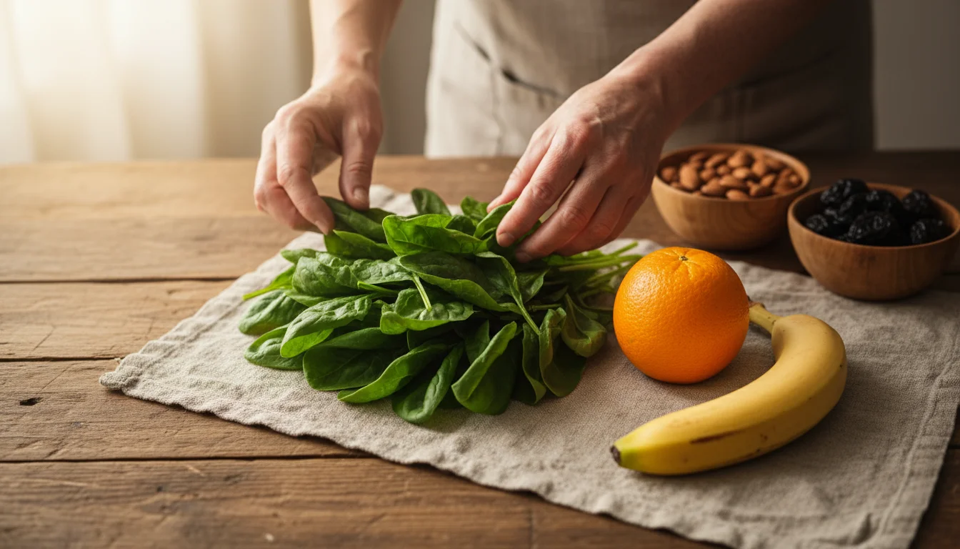 Gentle older hands arranging fresh spinach, an orange, a banana, nuts, seeds, and whole-grain bread on a wooden table in soft light.