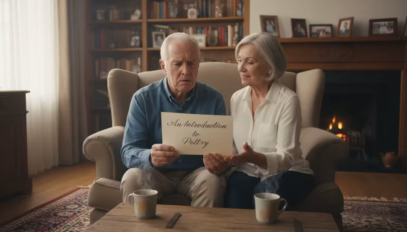 Gift certificate for pottery class in senior man's hand, looking surprised, with wife smiling beside him in a living room.