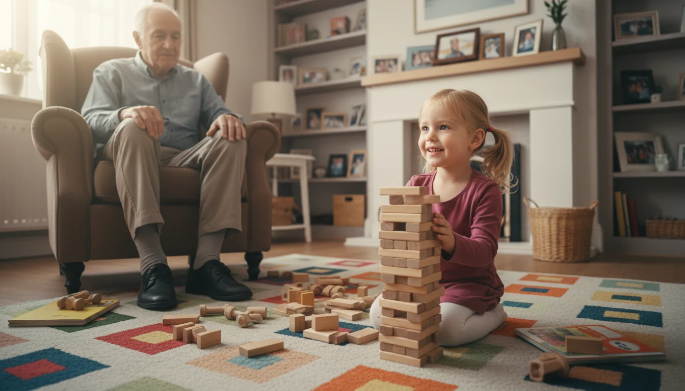 A girl with pigtails kneels on a rug, building a block tower. An older man's blurry leg is visible in the foreground.