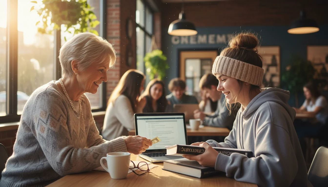A grandmother discreetly passes cash to her college-aged granddaughter in a sunlit cafe, with a textbook and laptop on their table.