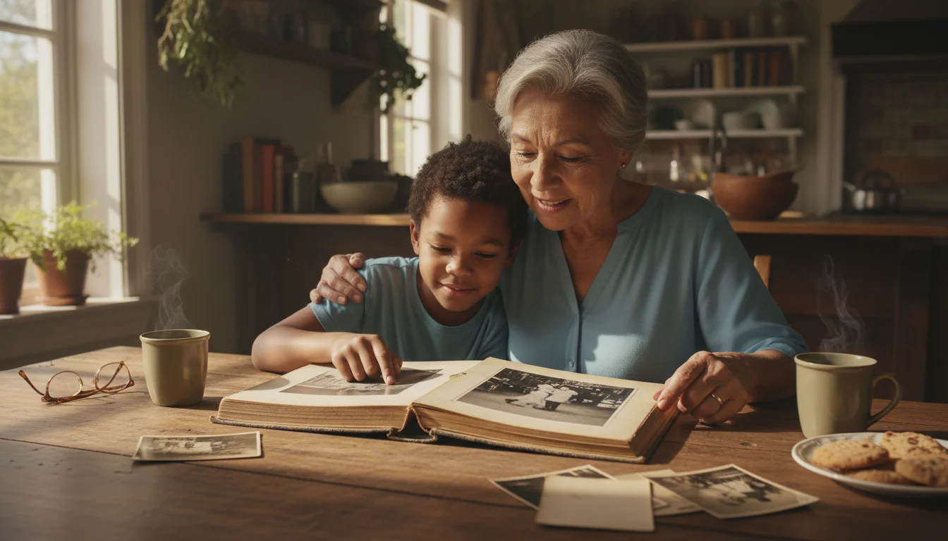A grandmother and grandchild looking at an old family photo album and old letters on a wooden table.