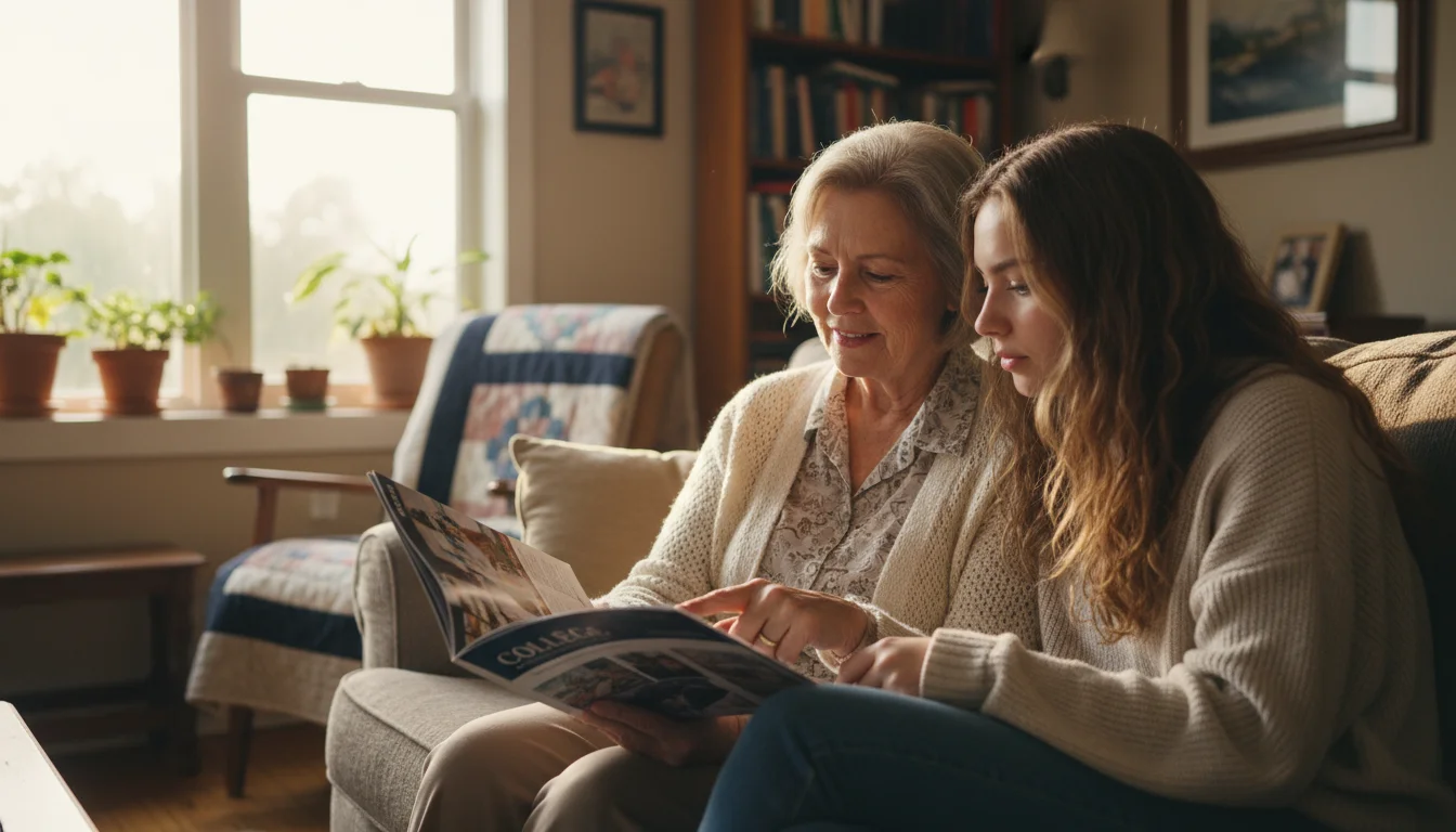 Grandmother and granddaughter seated on a sofa, looking at a college brochure together, bathed in natural light.