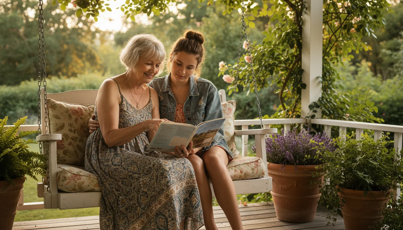 A grandmother and her teenage granddaughter on a porch swing, looking at a travel guide in a sunlit garden.