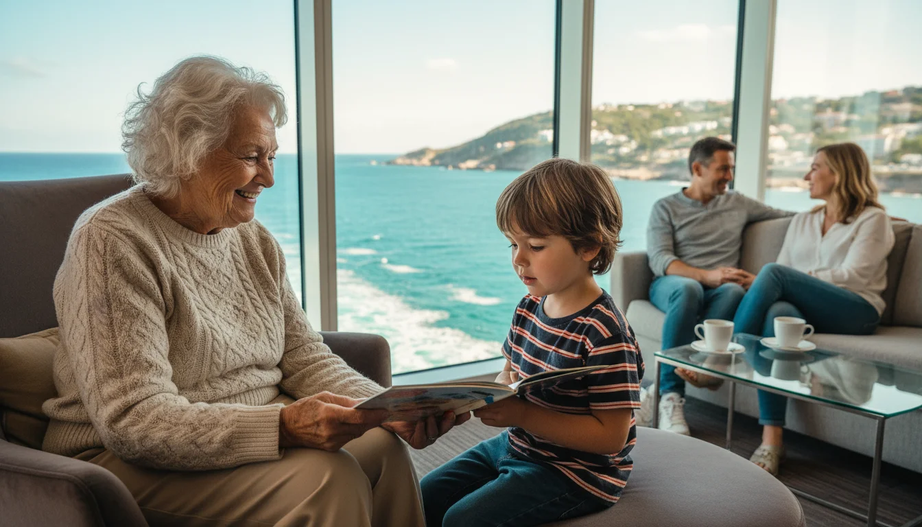 Grandmother reading a picture book to her grandchild in a cruise ship lounge with a panoramic window showing the ocean and distant land.