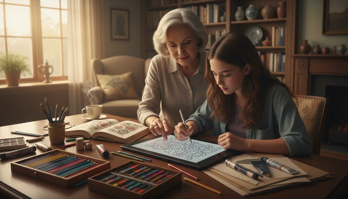 Grandmother and teenage granddaughter drawing together at a kitchen table, surrounded by art supplies.