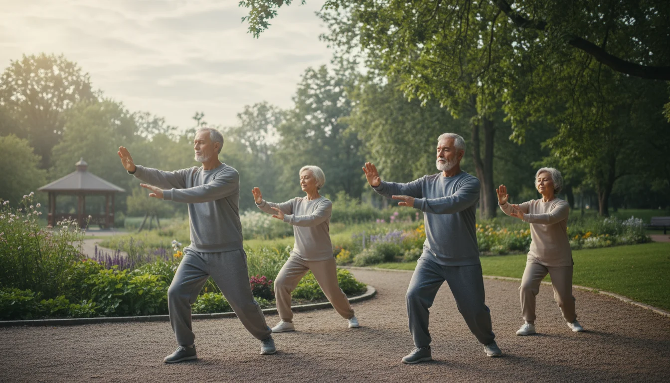Group of diverse older adults practicing slow Tai Chi movements outdoors in a park, appearing calm and focused.