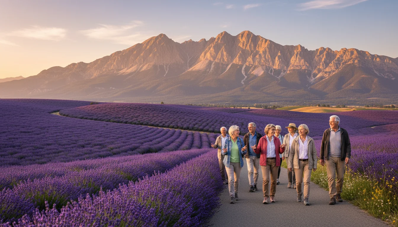 Group of diverse seniors walking on a path overlooking purple lavender fields with sunlit Olympic Mountains under a clear blue sky.