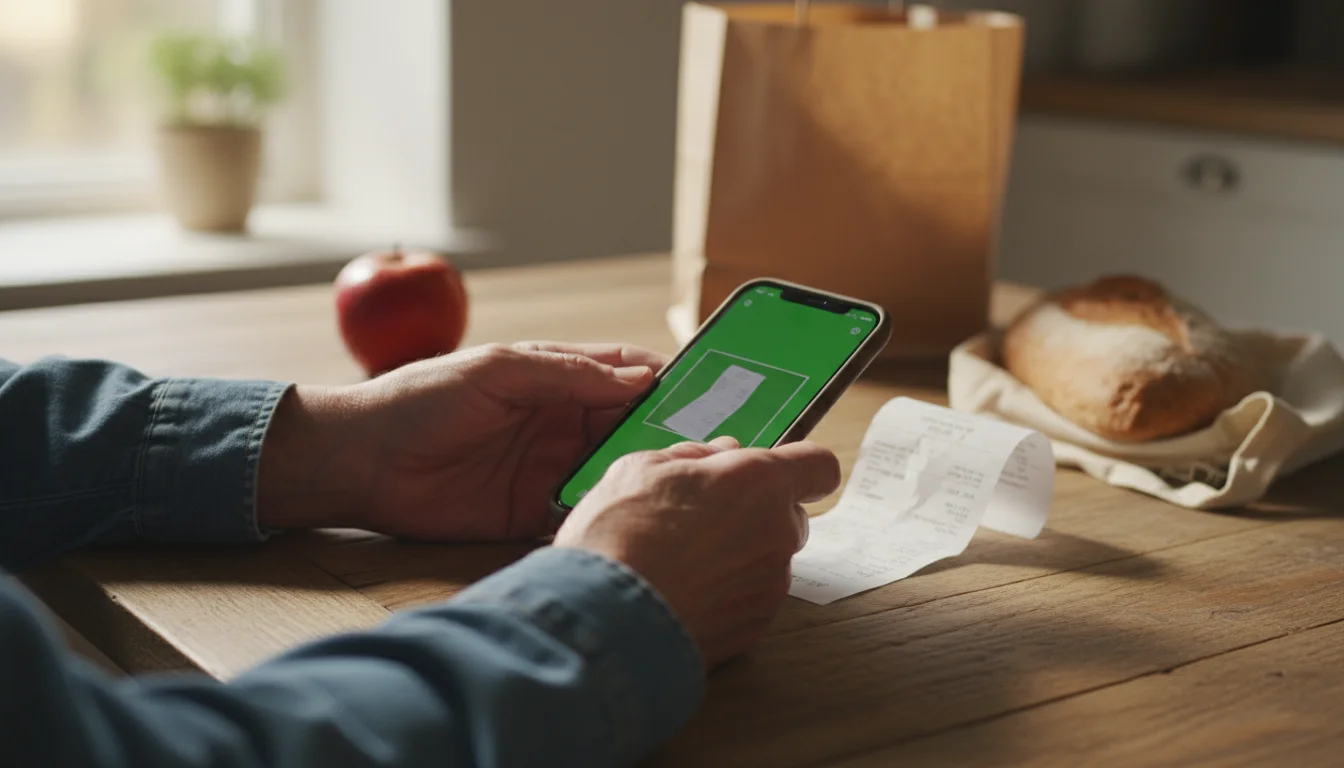 Hands of an older adult holding a smartphone over a grocery receipt on a table, scanning it with an app.