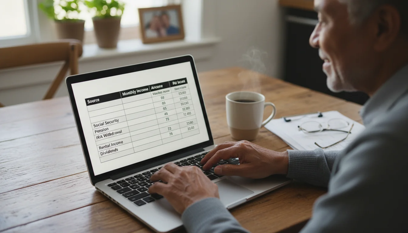 Hands of an older adult on a laptop keyboard, viewing a budget spreadsheet showing monthly income sources like Social Security, Pension, and IRA withd