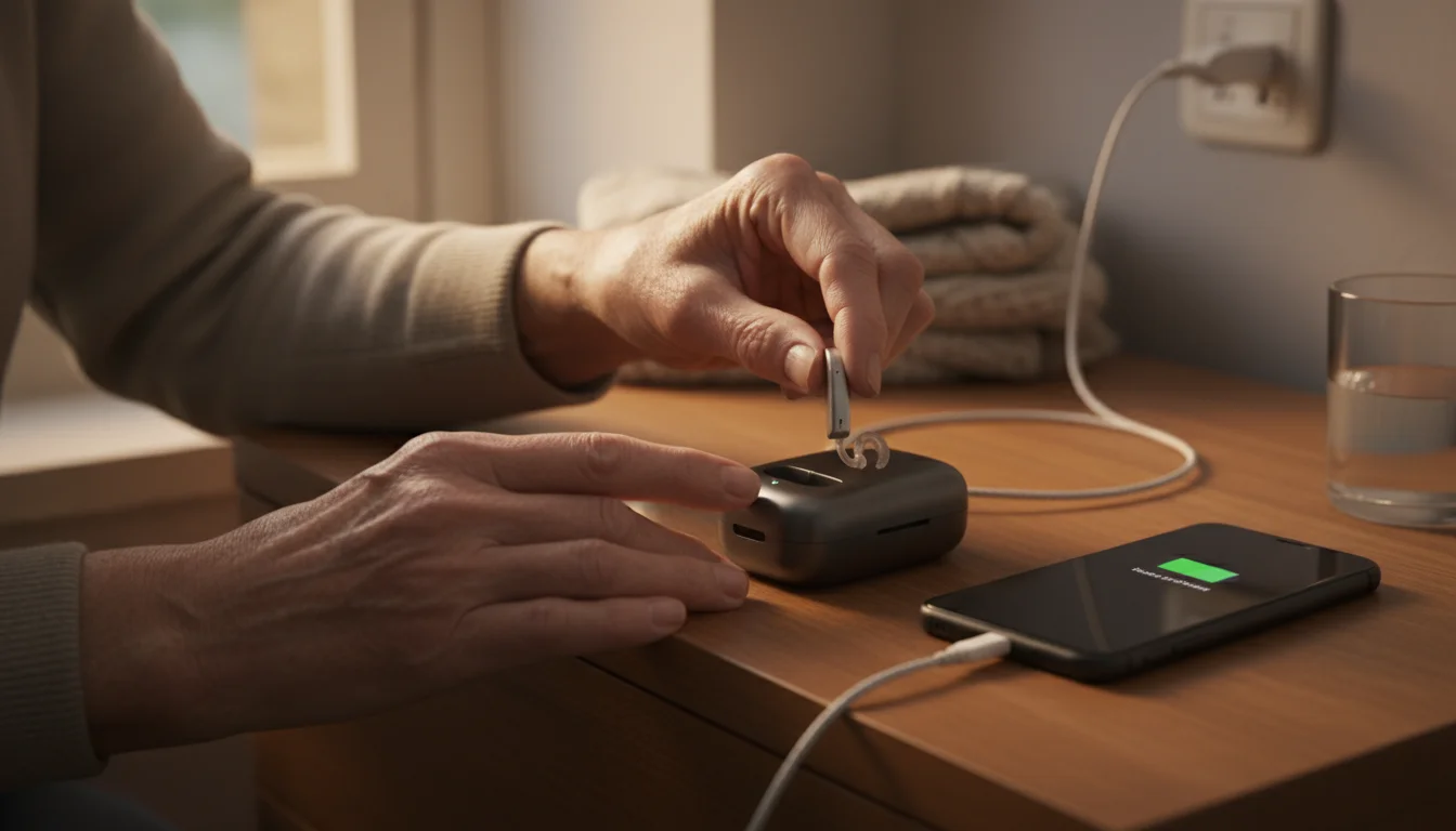 Hands of an older adult placing a modern, sleek hearing aid into its charging case next to a charging smartphone on a wooden nightstand.