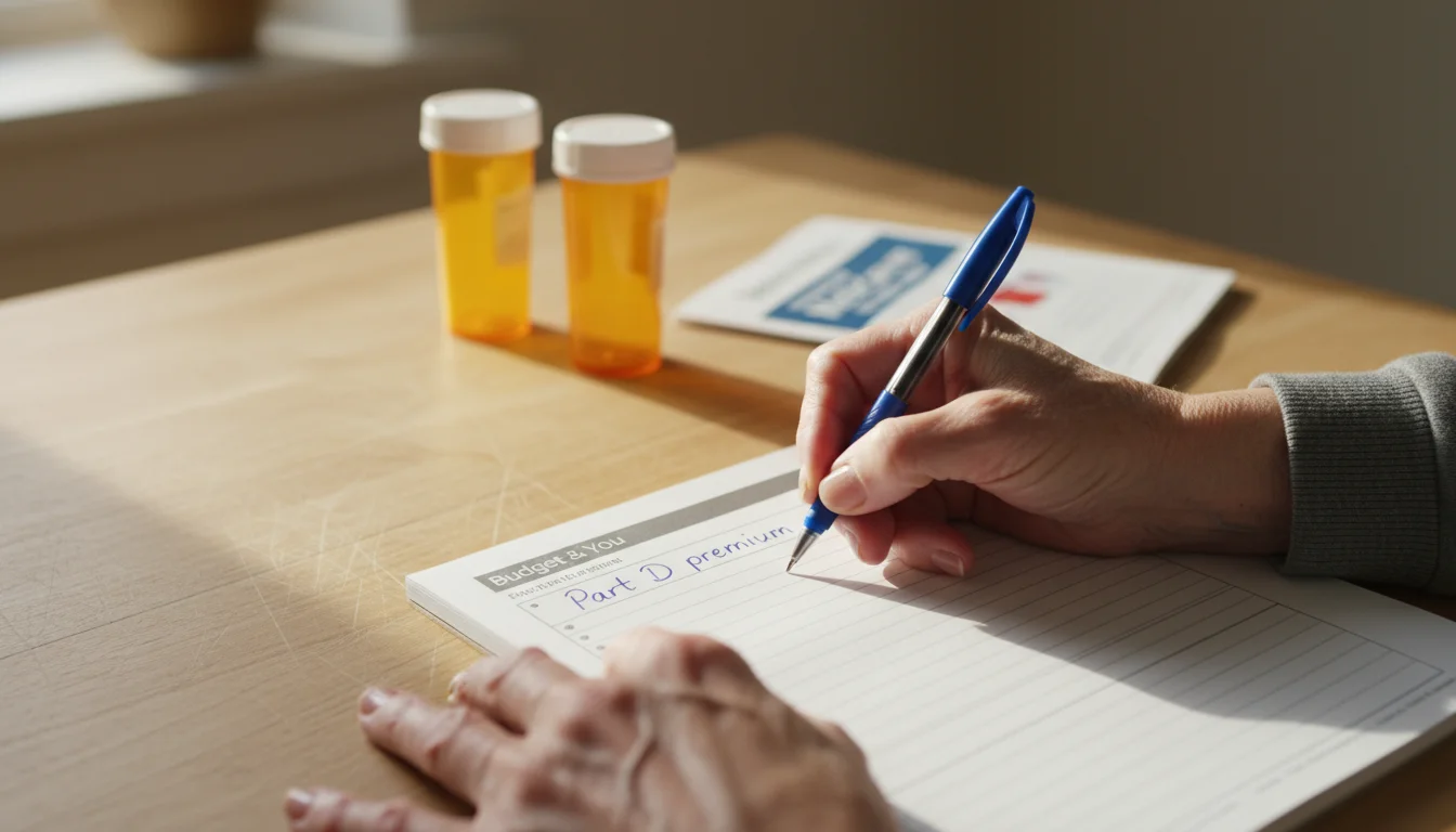 Hands of an older woman writing 'Part D premium' in a planner, with prescription bottles and a Medicare pamphlet nearby.