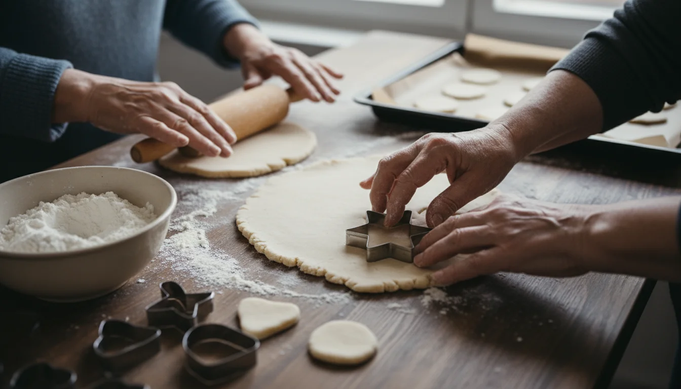Hands of two older adults shaping salt dough on a wooden counter with cookie cutters and a rolling pin.